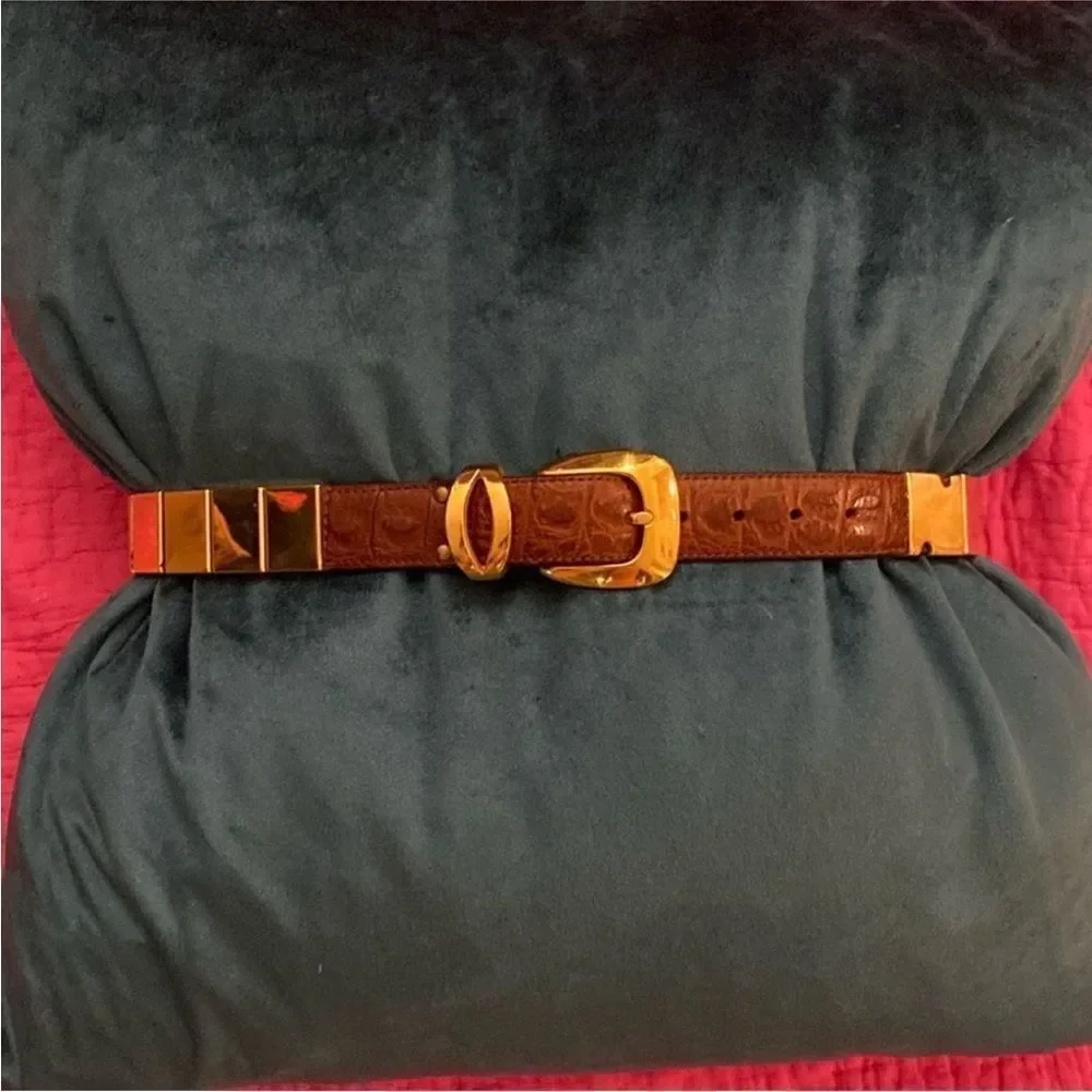 Nanny Brown genuine alligator/ gold metal Belt with Gold Buckle, L 30 inch